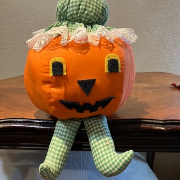 Handmade Pumpkin‎ Jack-O-Lantern Plush Doll 9"H x 14" D - Picture 2 of 5